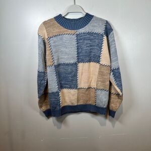 Jantzen Classic Patchwork Knit Sweater Blue‎ Tan Gray Colorblock Cozy Pullover